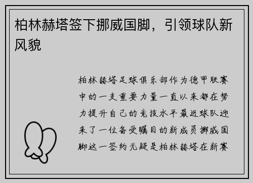 柏林赫塔签下挪威国脚，引领球队新风貌