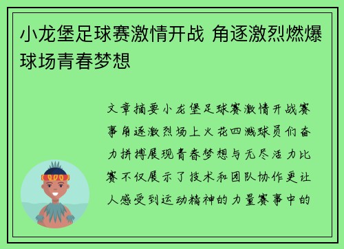 小龙堡足球赛激情开战 角逐激烈燃爆球场青春梦想