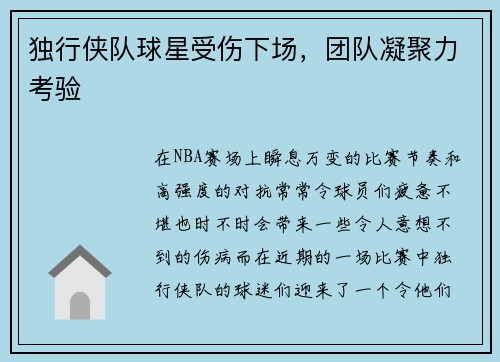 独行侠队球星受伤下场，团队凝聚力考验