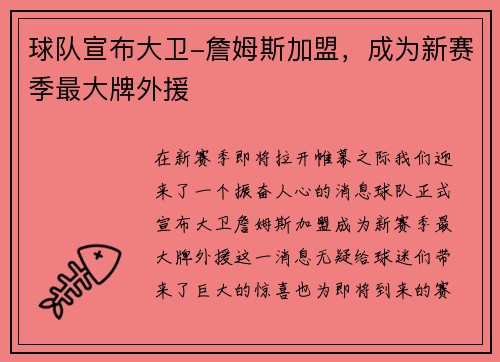 球队宣布大卫-詹姆斯加盟，成为新赛季最大牌外援