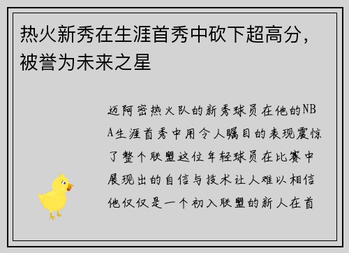 热火新秀在生涯首秀中砍下超高分，被誉为未来之星
