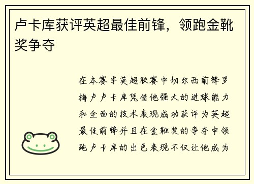 卢卡库获评英超最佳前锋，领跑金靴奖争夺