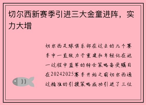 切尔西新赛季引进三大金童进阵，实力大增
