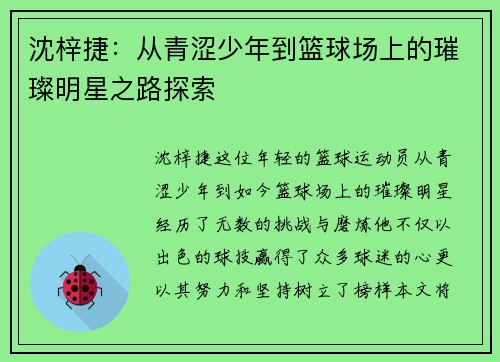沈梓捷：从青涩少年到篮球场上的璀璨明星之路探索
