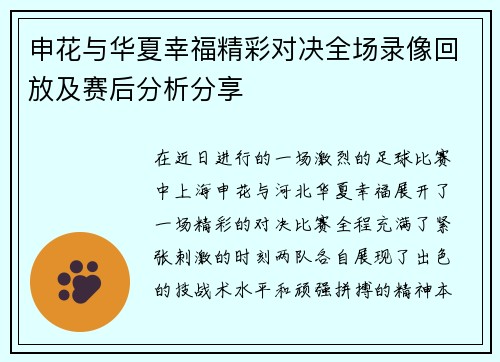 申花与华夏幸福精彩对决全场录像回放及赛后分析分享