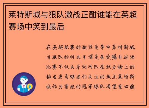 莱特斯城与狼队激战正酣谁能在英超赛场中笑到最后
