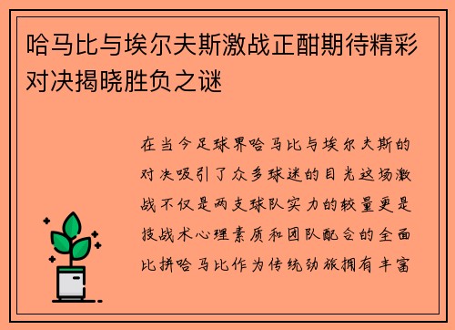 哈马比与埃尔夫斯激战正酣期待精彩对决揭晓胜负之谜