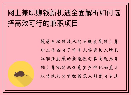 网上兼职赚钱新机遇全面解析如何选择高效可行的兼职项目