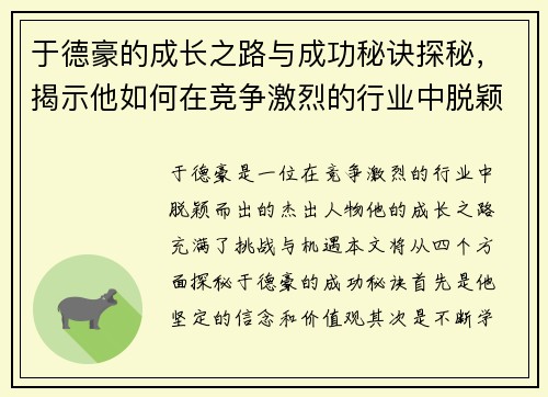 于德豪的成长之路与成功秘诀探秘，揭示他如何在竞争激烈的行业中脱颖而出