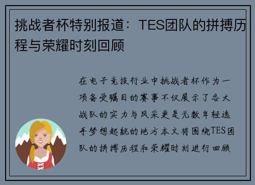 挑战者杯特别报道：TES团队的拼搏历程与荣耀时刻回顾
