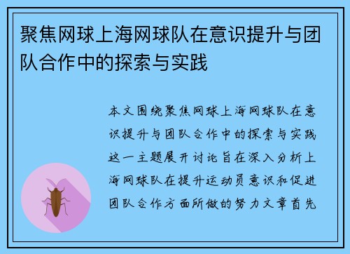 聚焦网球上海网球队在意识提升与团队合作中的探索与实践