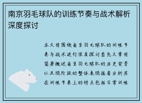 南京羽毛球队的训练节奏与战术解析深度探讨